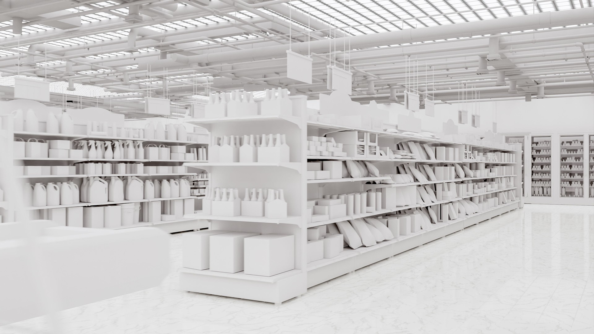 3D Rendering. Store interior supermarket with shelf shelves.
