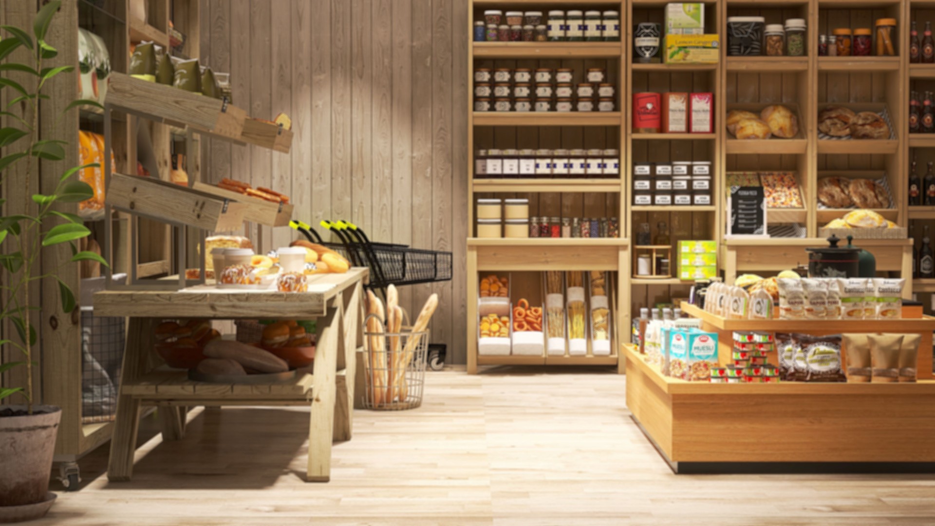 Blurred organic, eco-friendly and vegan grocery and bakery store with wooden wall, parquet floor, variety of bread, bun, bagel, snack on shelf and display