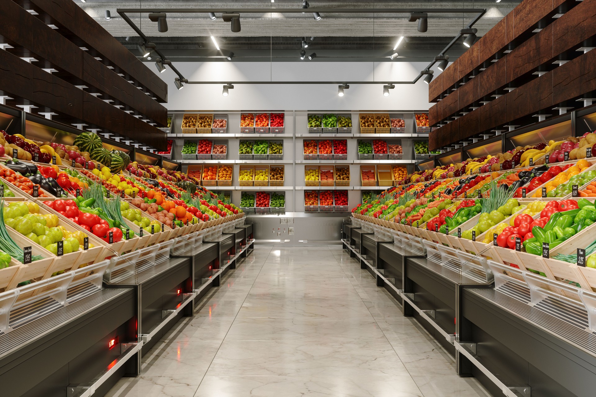 Close-up Of Fresh Vegetables And Fruits On Display In Supermarket