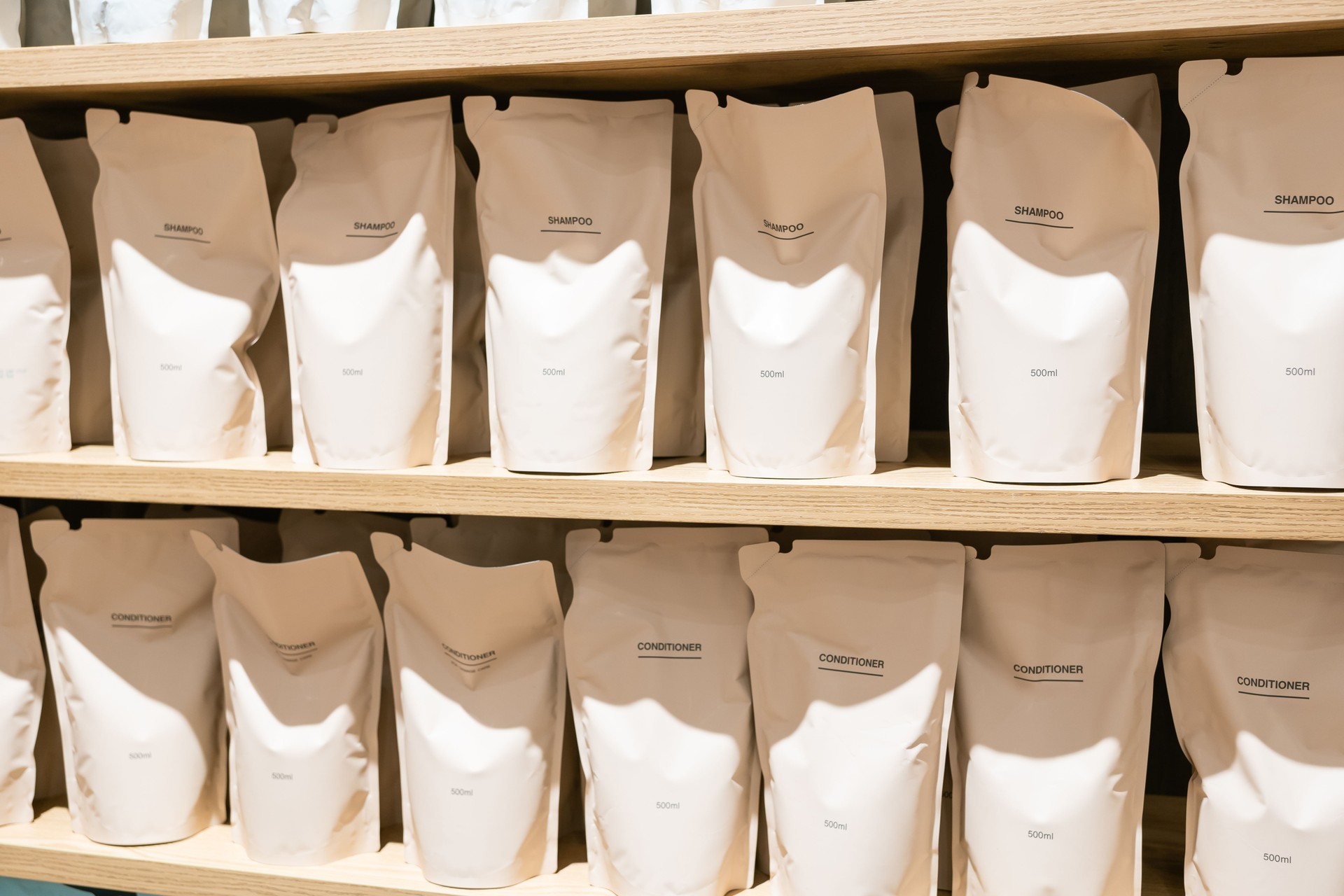 Refill packet. Zero waste. Plastic packaging for refill pouch in store.