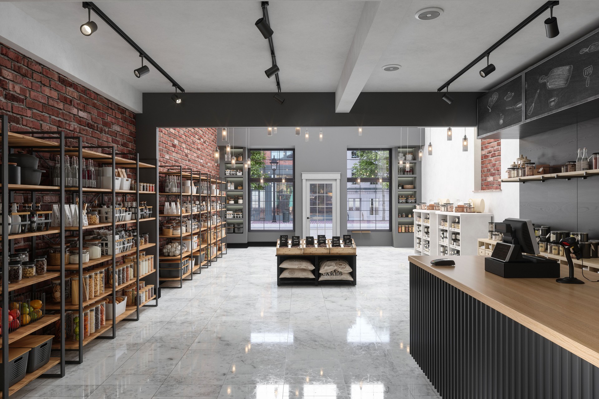 Organic Shop Interior With Various Legumes, Healthy Eatings, Fruits And Vegetables